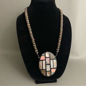 Vintage Abalone, Mother of Pearl Mosaic Pendant Statement Necklace